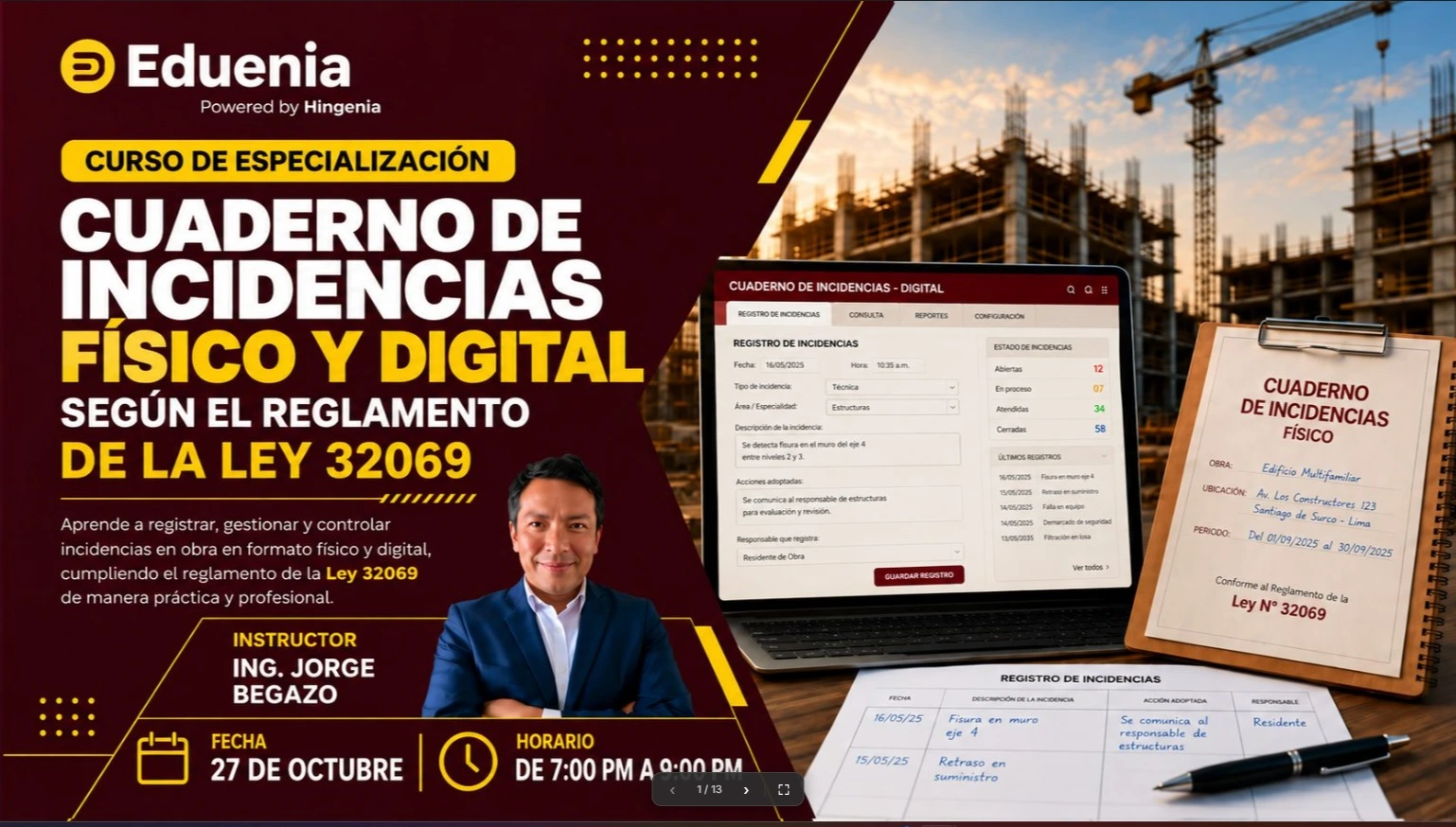CURSO DE ESPECIALIZACIÓN – CUADERNO DE INCIDENCIAS FISICO Y DIGITAL( según el nuevo reglamento de la ley 32069 – (27/10)